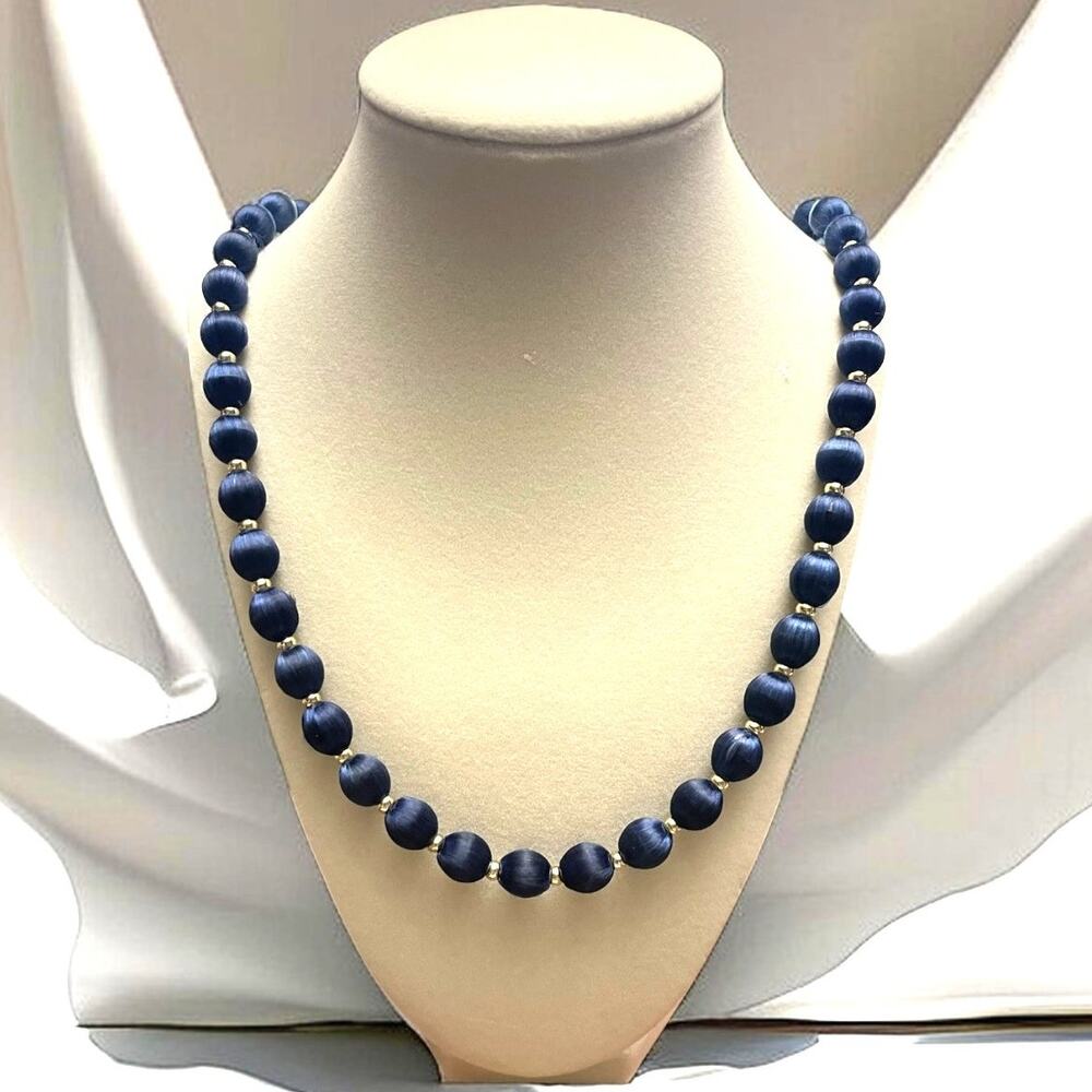 Vintage Navy Blue Satin Silk Thread Wrapped Beads, Gold Tone Spacers, Necklace
